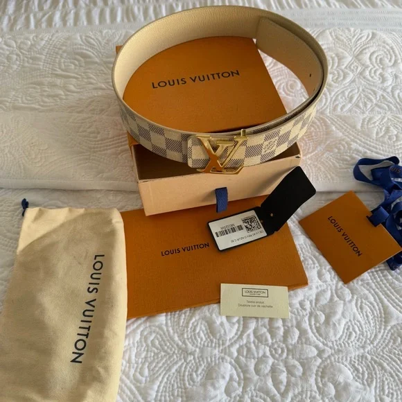 Louis Vuitton Damier Azur Canvas Belt With A Gold Tone Buckle Reversible - Picture 6 of 11